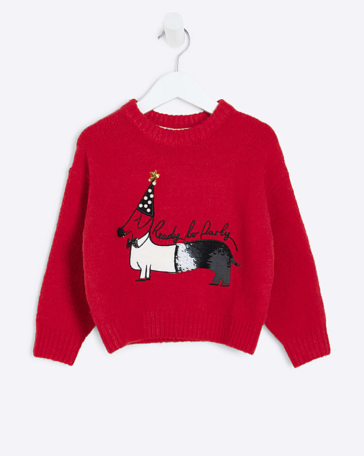 Mini Girls Red Sausage Dog Christmas Jumper