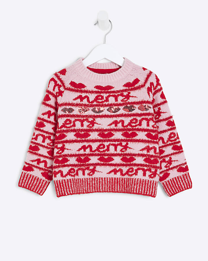 Mini Girls Pink Merry Christmas Jumper