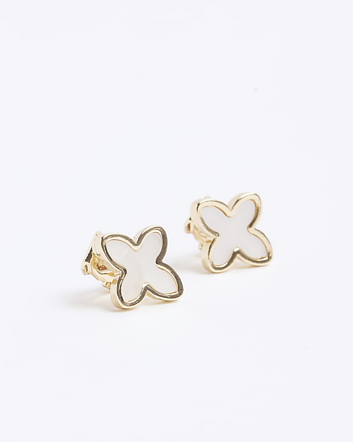 Girls white clover clip on earrings