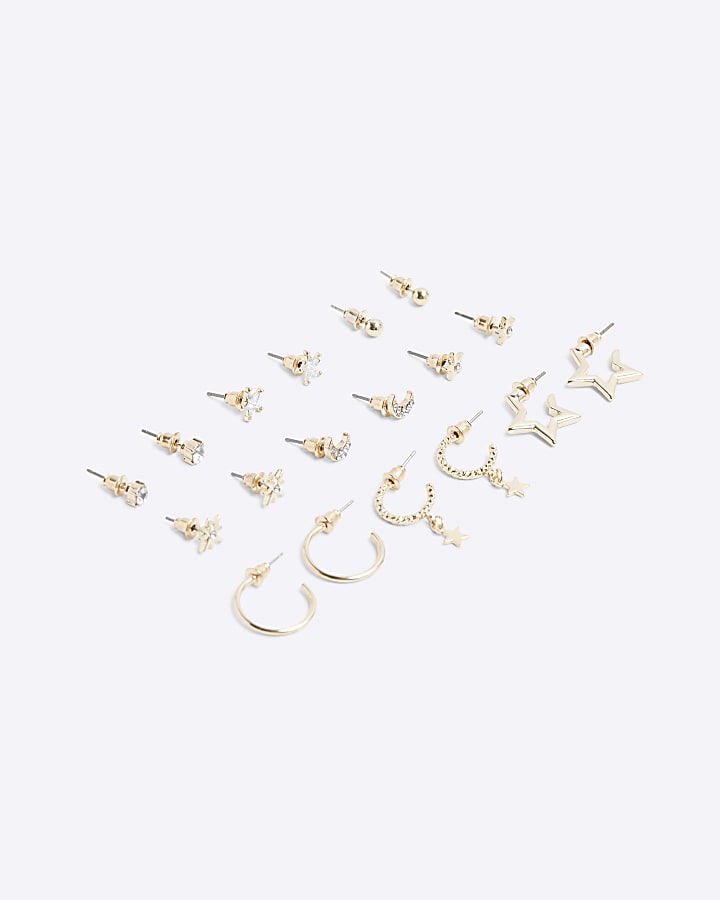 Girls gold moon and star earrings 9 pack