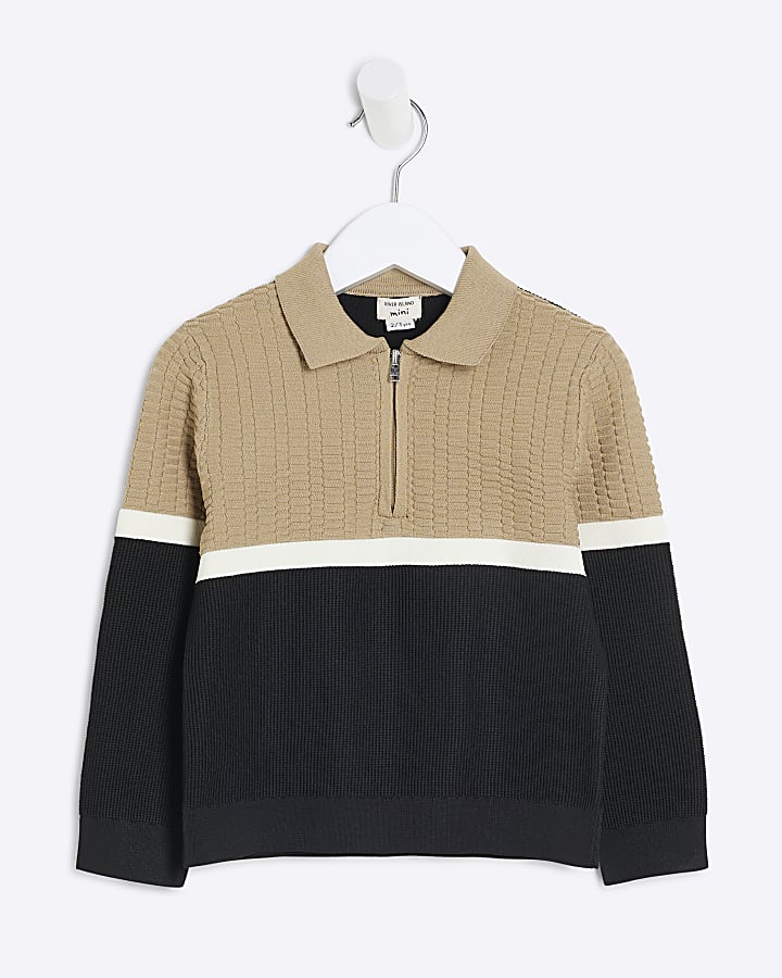 Mini Boys Stone Long Sleeve Blocked Polo