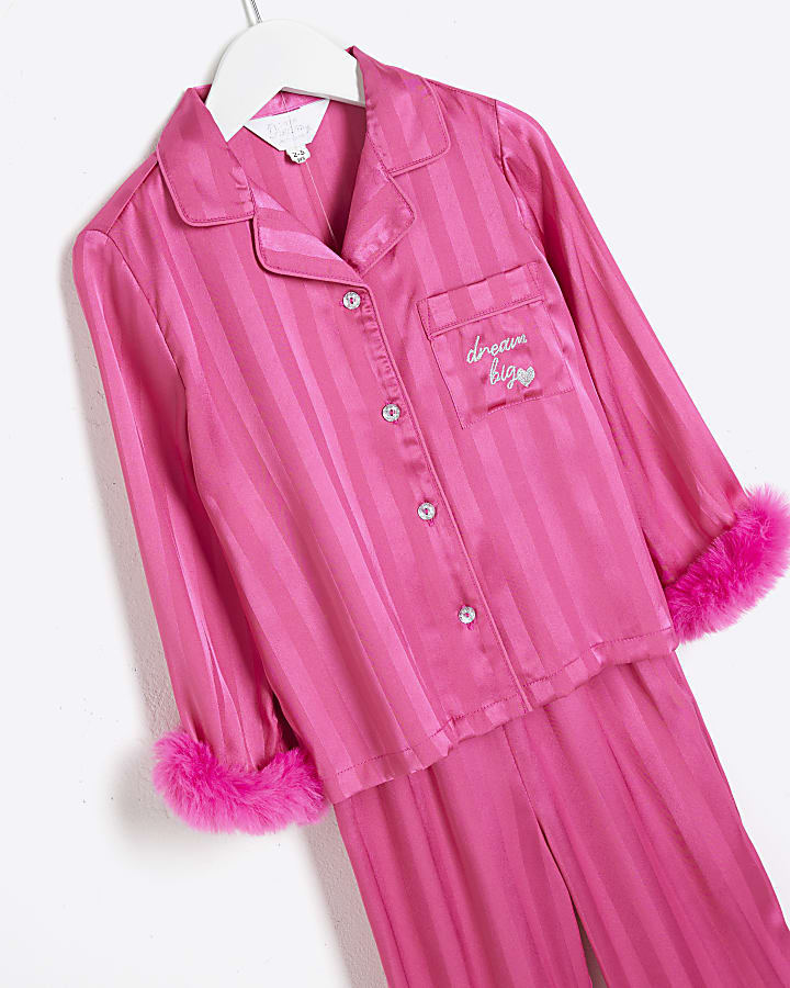 Mini Girls Pink Faux Fur Cuff Pyjamas Set