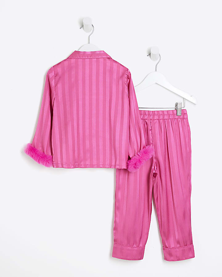 Mini Girls Pink Faux Fur Cuff Pyjamas Set