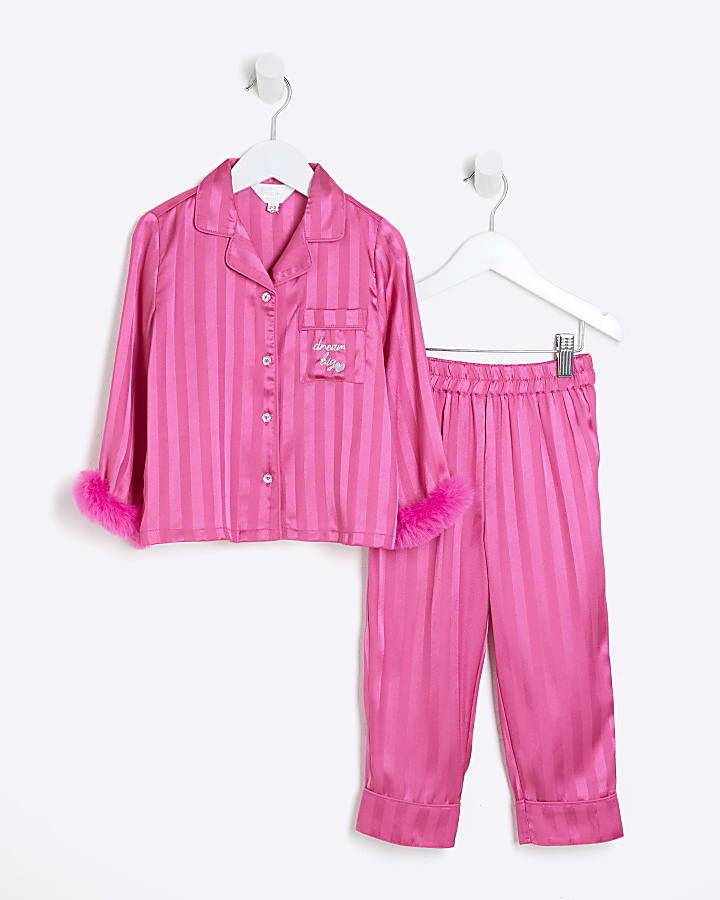 Mini Girls Pink Faux Fur Cuff Pyjamas Set River Island