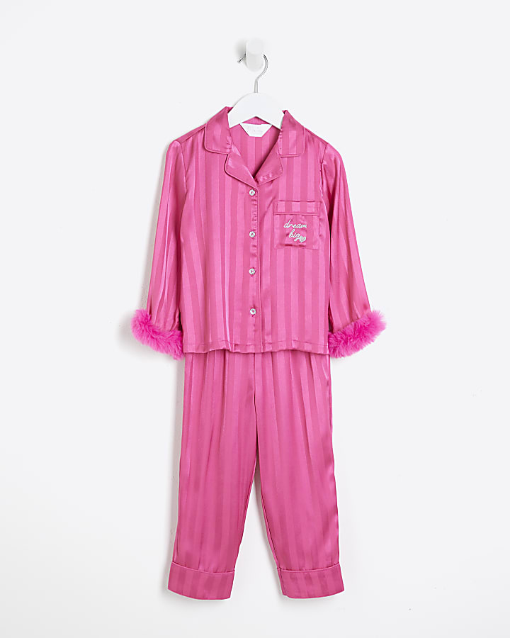 Mini Girls Pink Faux Fur Cuff Pyjamas Set