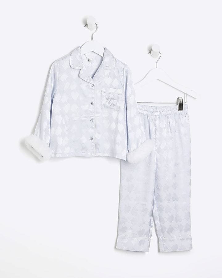 Mini Girls Blue Satin Faux Fur Pyjama Set River Island