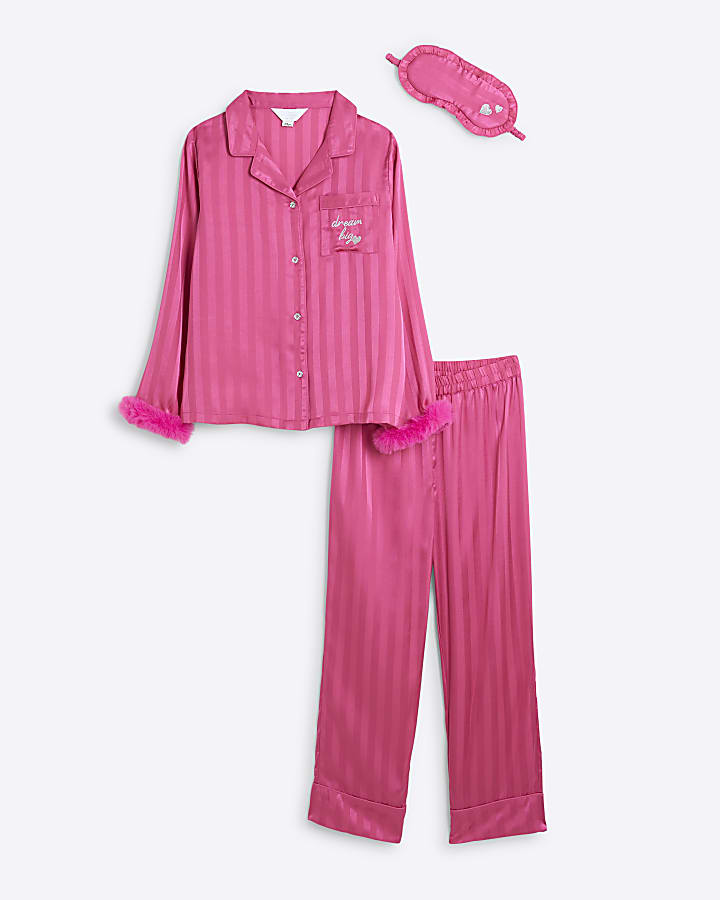 Girls Pink Satin Faux Fur Cuff Pyjamas Set River Island