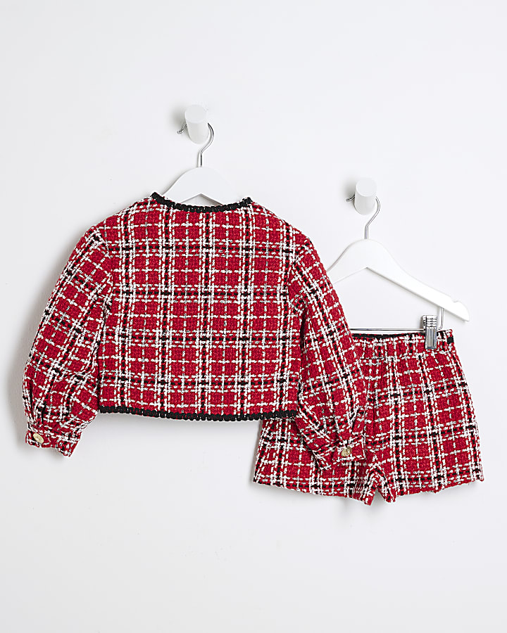 Mini Girls Red Check Boucle Jacket Set