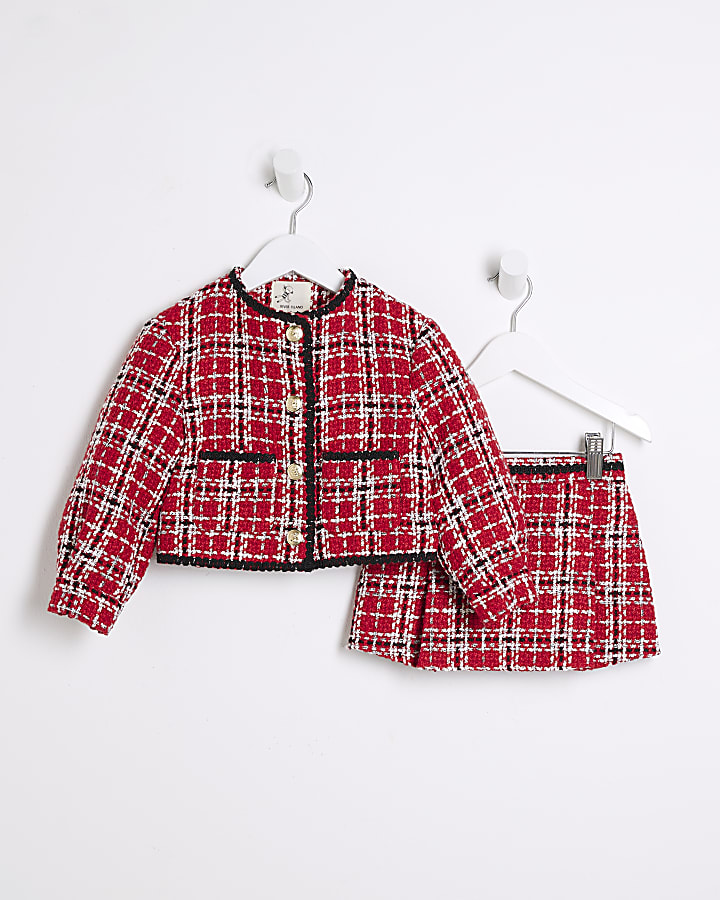 Mini Girls Red Check Boucle Jacket Set River Island