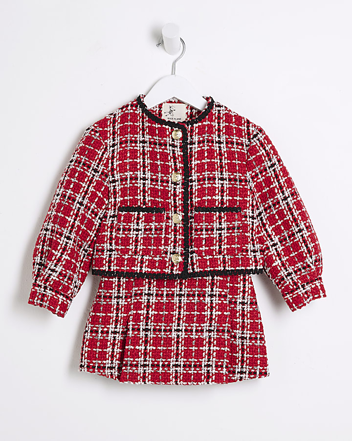 Mini Girls Red Check Boucle Jacket Set