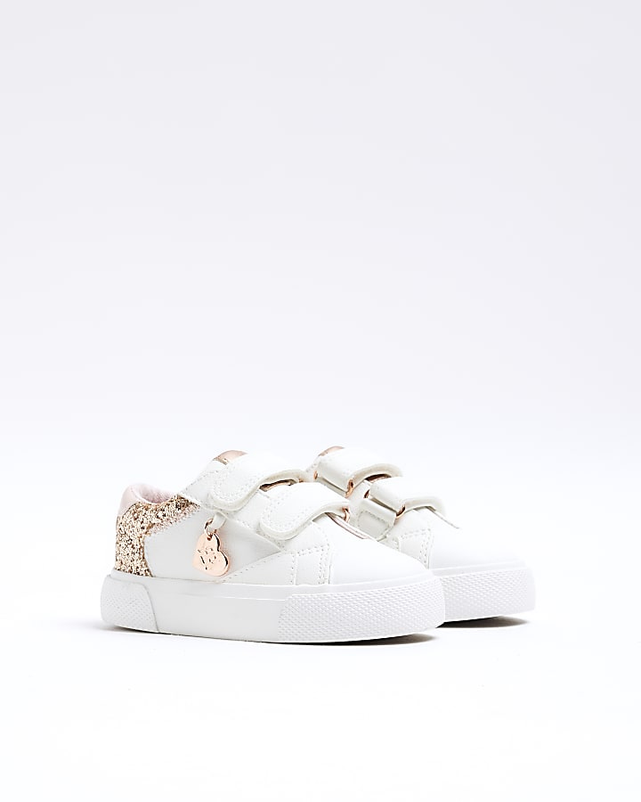 Mini Girls White Rose Glitter Velcro Trainers