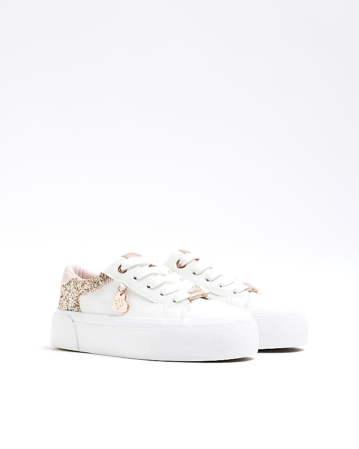 Girls White Rose Glitter Trainers