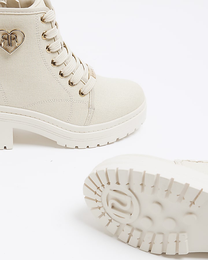 Girls Cream Canvas Heeled Boots