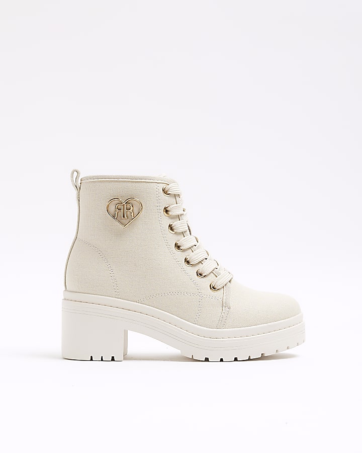 Girls Cream Canvas Heeled Boots