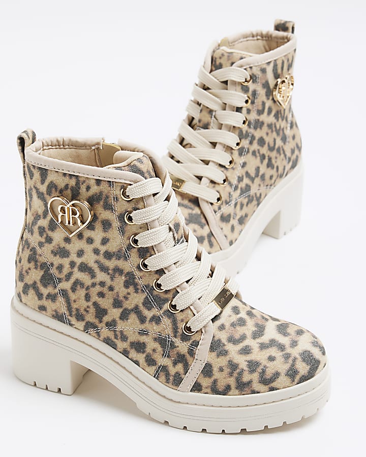 Girls Beige Leopard Canvas Heeled Boots