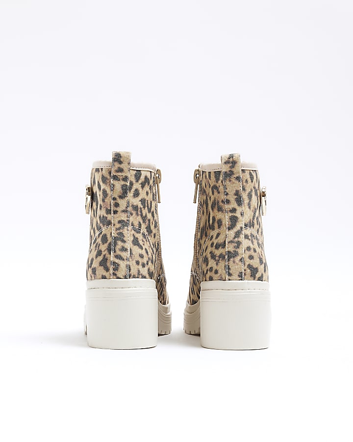 Girls Beige Leopard Canvas Heeled Boots