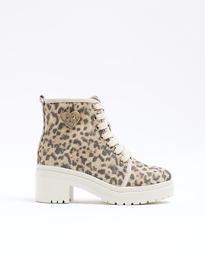 Girls Beige Leopard Canvas Heeled Boots