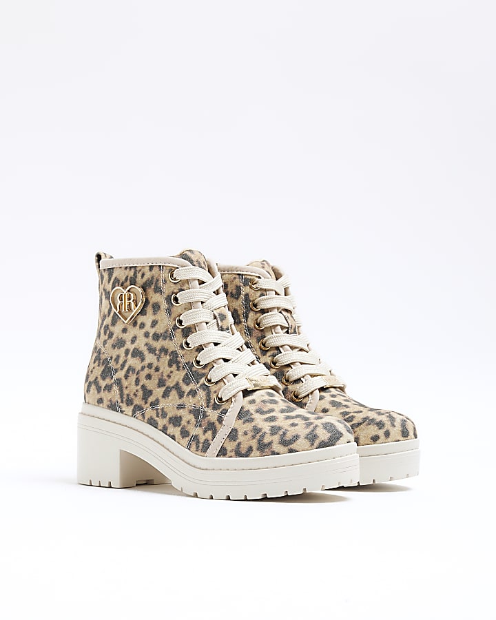 Girls Beige Leopard Canvas Heeled Boots