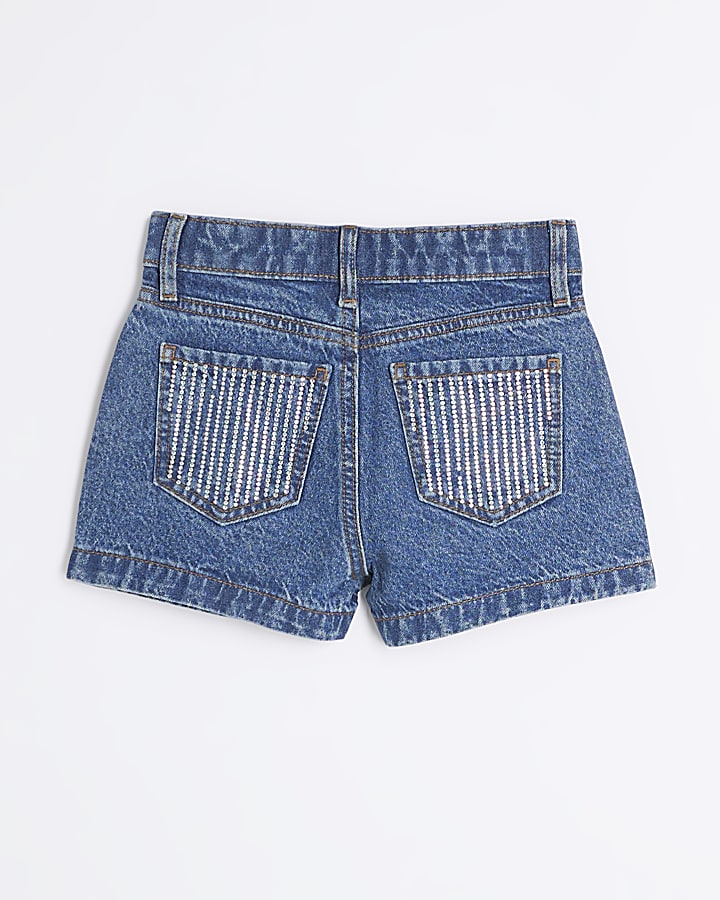 Girls Blue Denim Diamante Mom Shorts