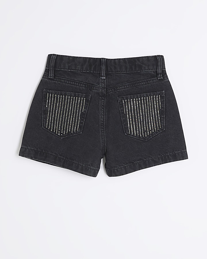 Girls Black Diamante Mom Shorts