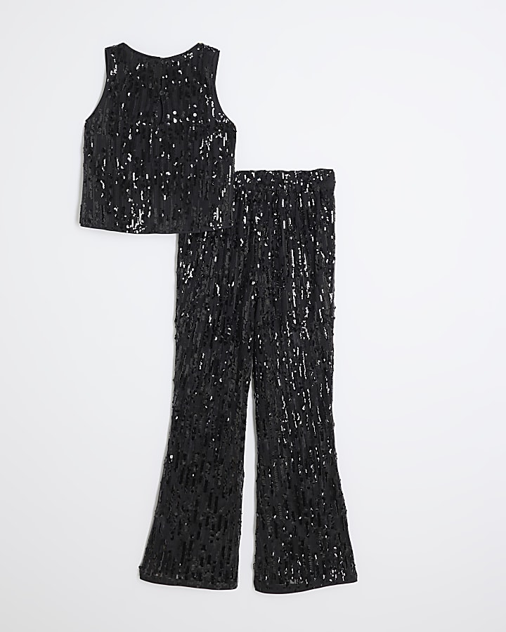 Girls Black Sequin Vest And flares Set