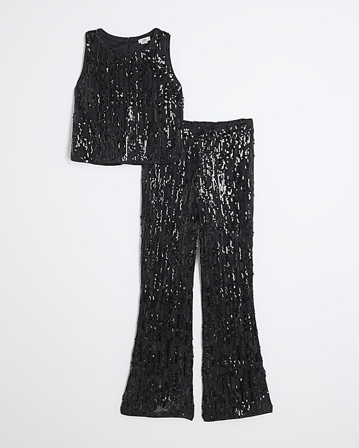 Girls Black Sequin Vest And flares Set