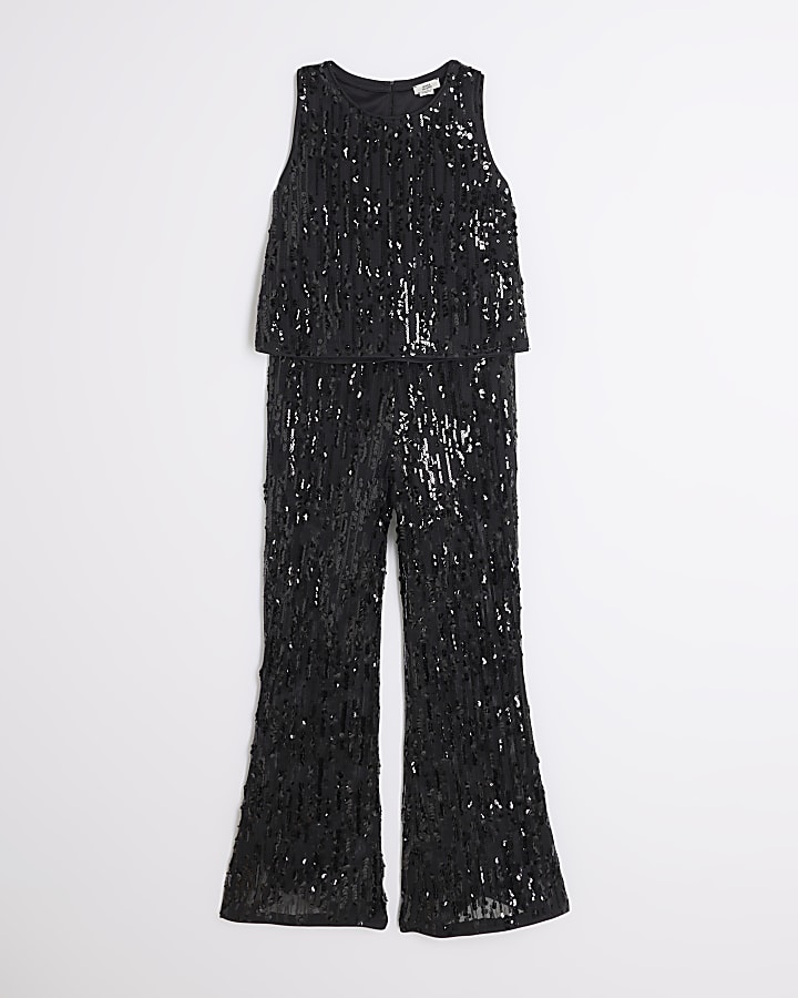 Girls Black Sequin Vest And flares Set