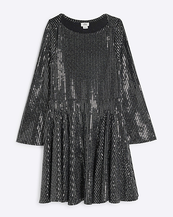 Girls Black Sequin Long Sleeve Godet Dress