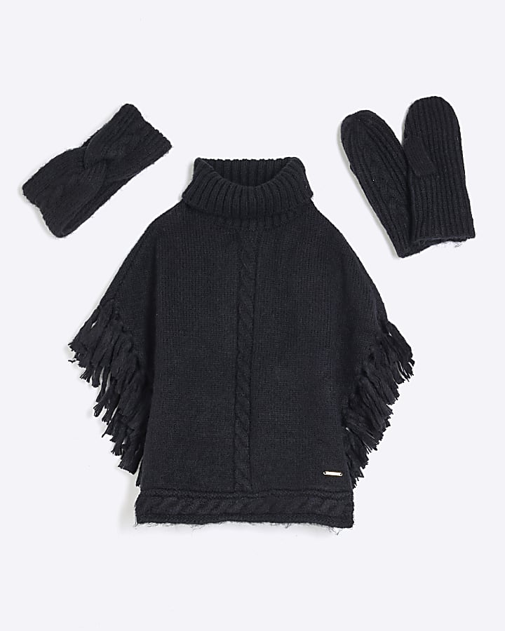 Girls Black Knitted Poncho Bundle