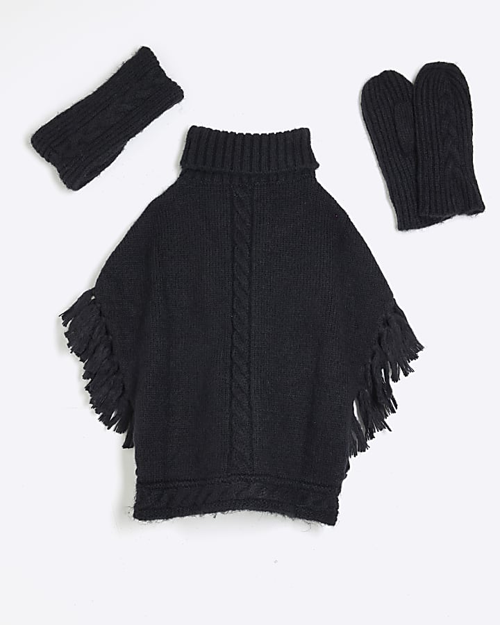 Girls Black Knitted Poncho Bundle