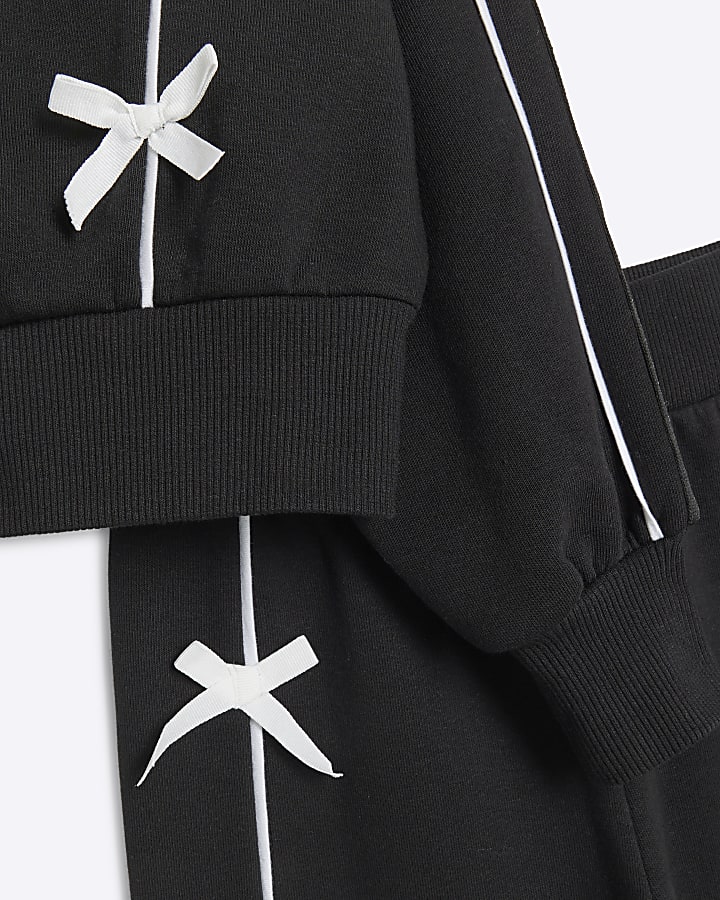 Girls Black Bow Trim Bomber and Jogger Set