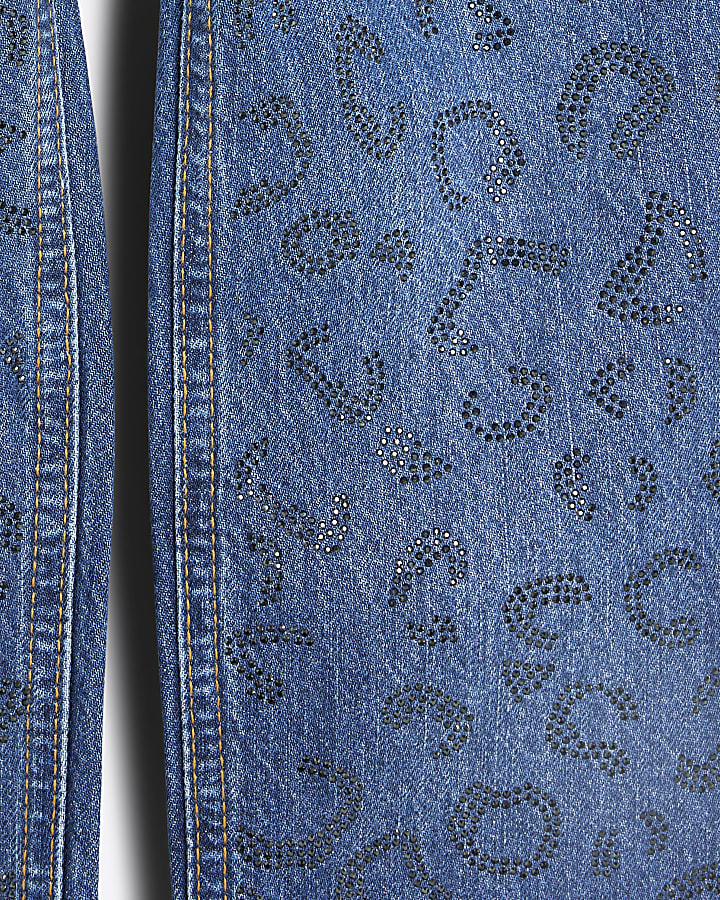 Girls Blue Denim Leopard Diamante Jeans