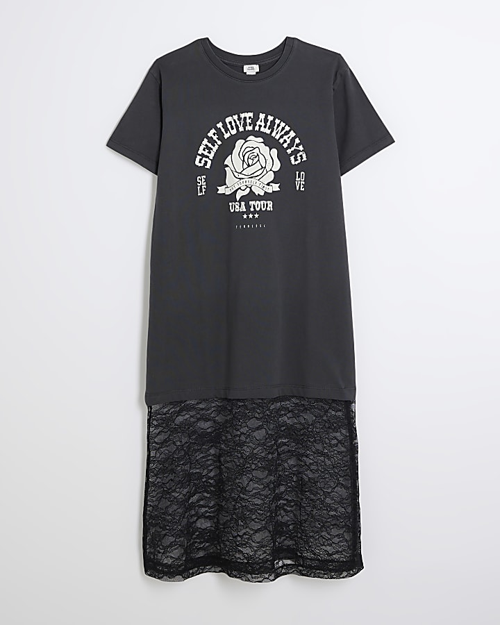 Girls Black Rock Lace T-shirt Dress