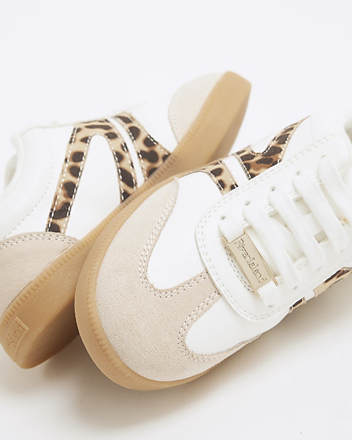 Girls White Leopard Lace up Trainers