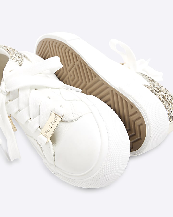 Girls White Glitter Lace Up Trainers