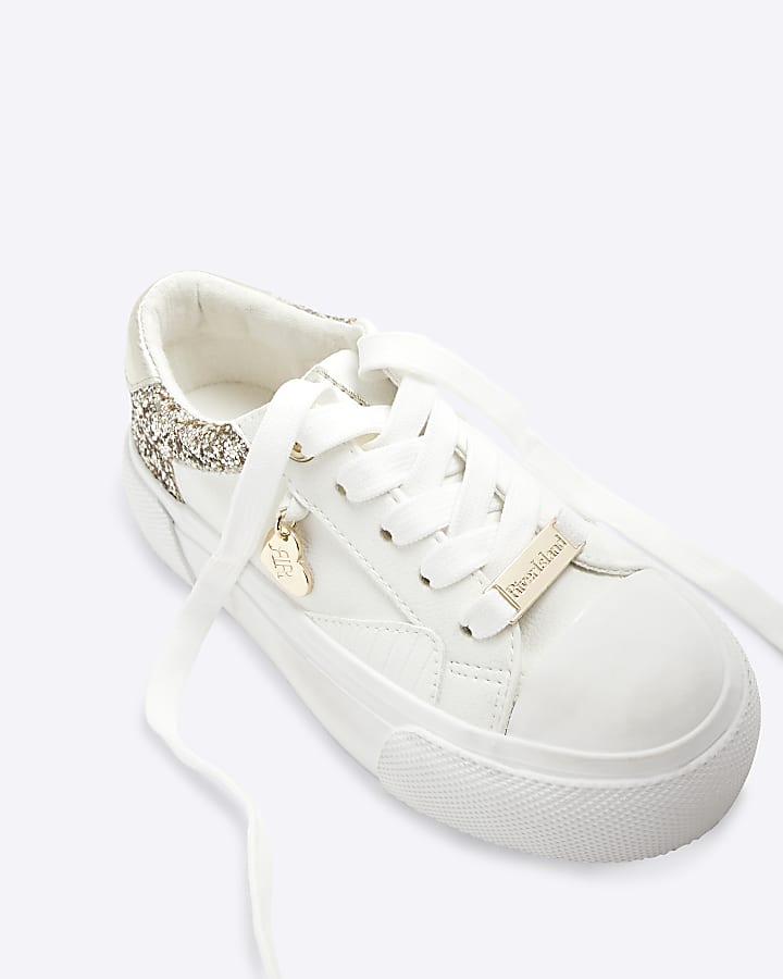 Girls White Glitter Lace Up Trainers