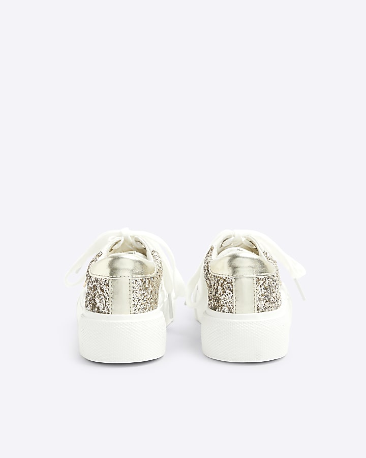 Girls White Glitter Lace Up Trainers