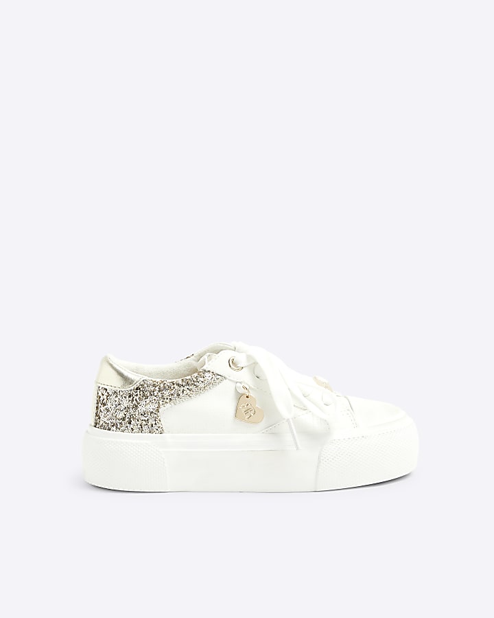 Girls White Glitter Lace Up Trainers