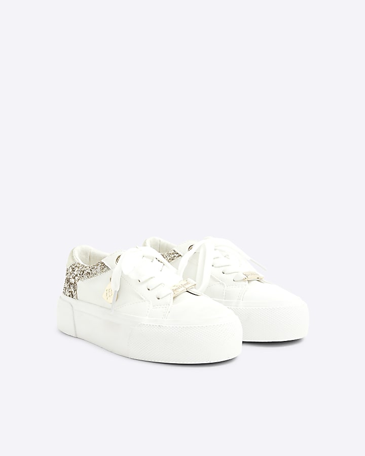 Girls White Glitter Lace Up Trainers