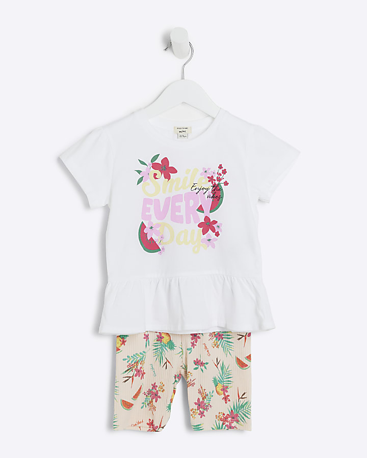 Mini girls white floral peplum t-shirt set