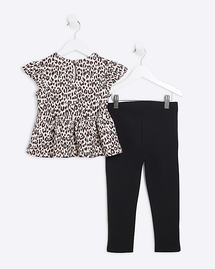 Mini Girls Black Scuba Leopard Bow Peplum Set