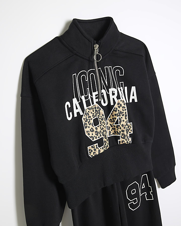 Girls Black Half Zip Leopard Sweatshirt Set