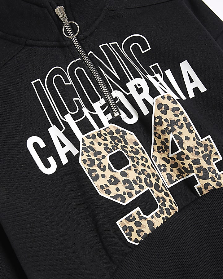 Girls Black Half Zip Leopard Sweatshirt Set