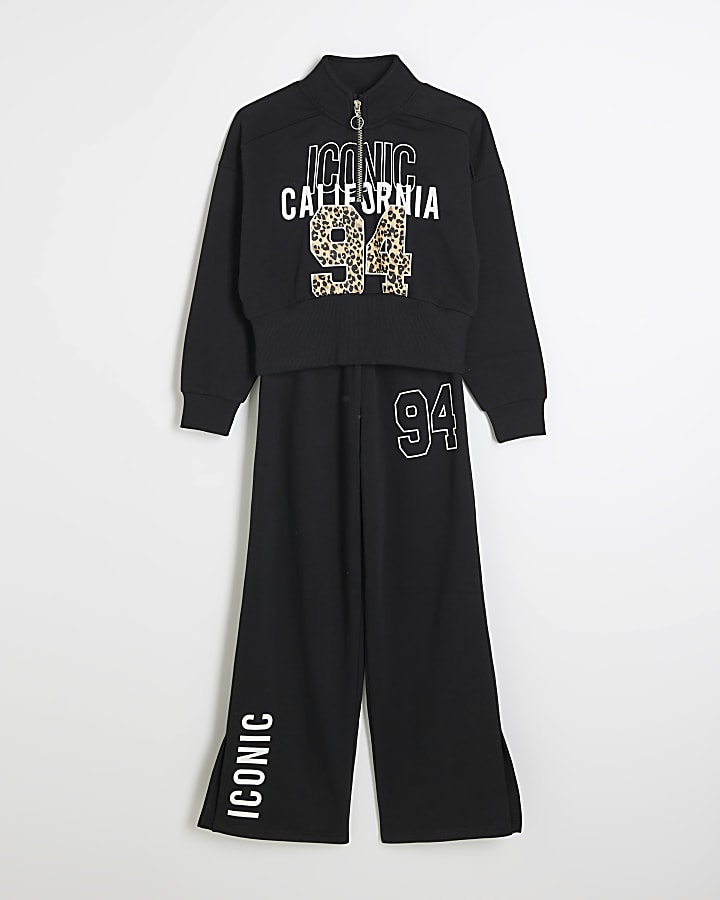 Girls Black Half Zip Leopard Sweatshirt Set