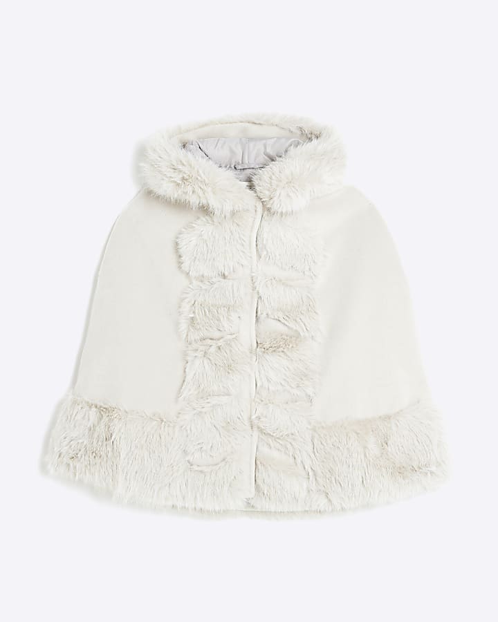 Girls Cream Faux Fur Trim Cape