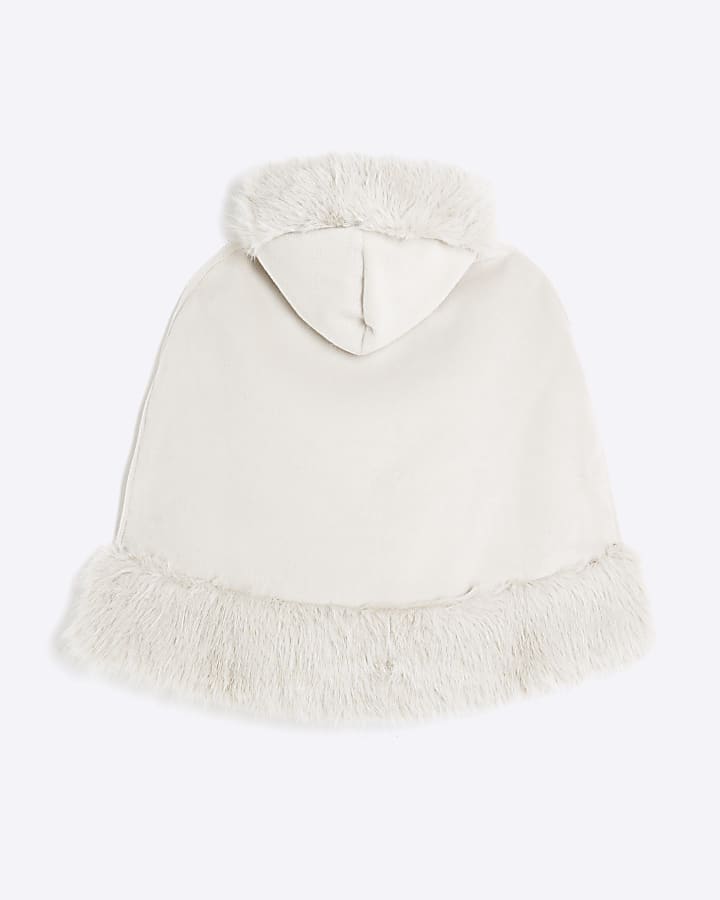 Girls Cream Faux Fur Trim Cape