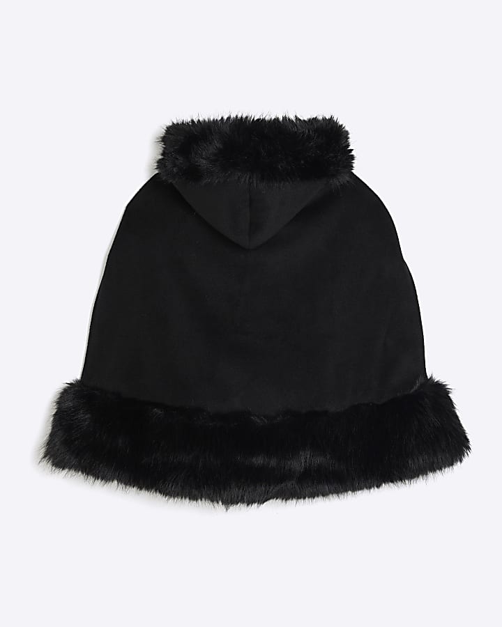 Girls Black Faux Fur Trim Cape