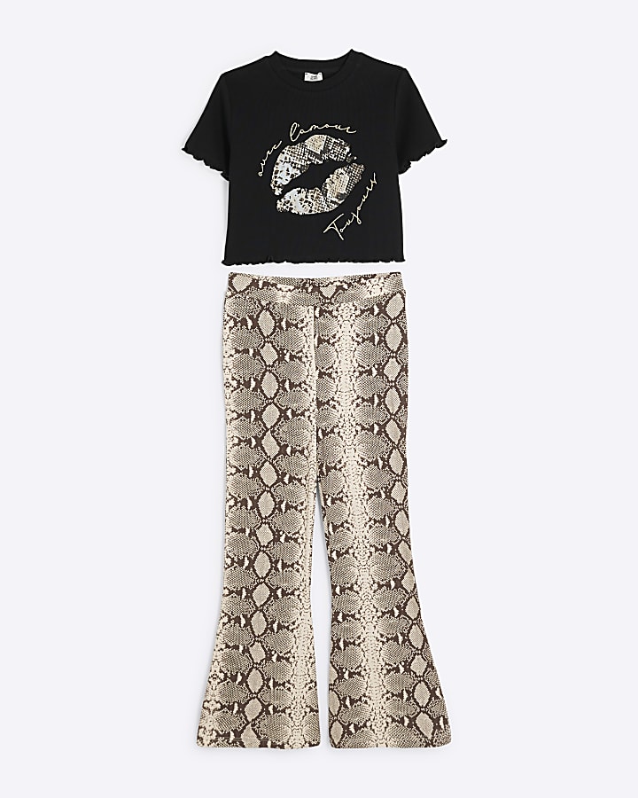 Girls Cream Snake Print Flared Trousers Set