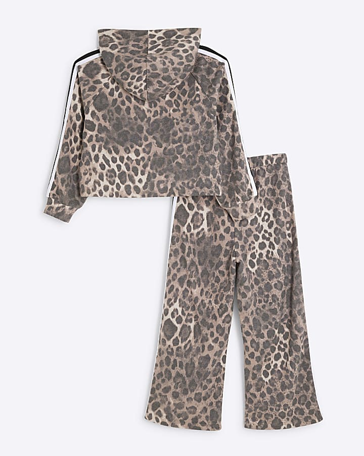 Girls Brown Leopard Hoodie Set