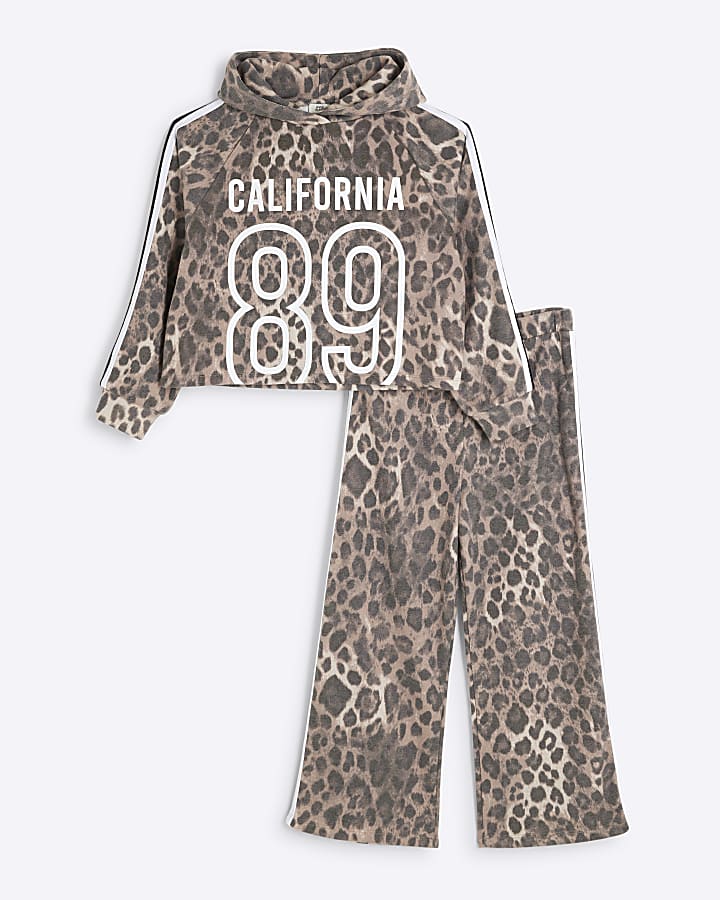 Girls Brown Leopard Hoodie Set